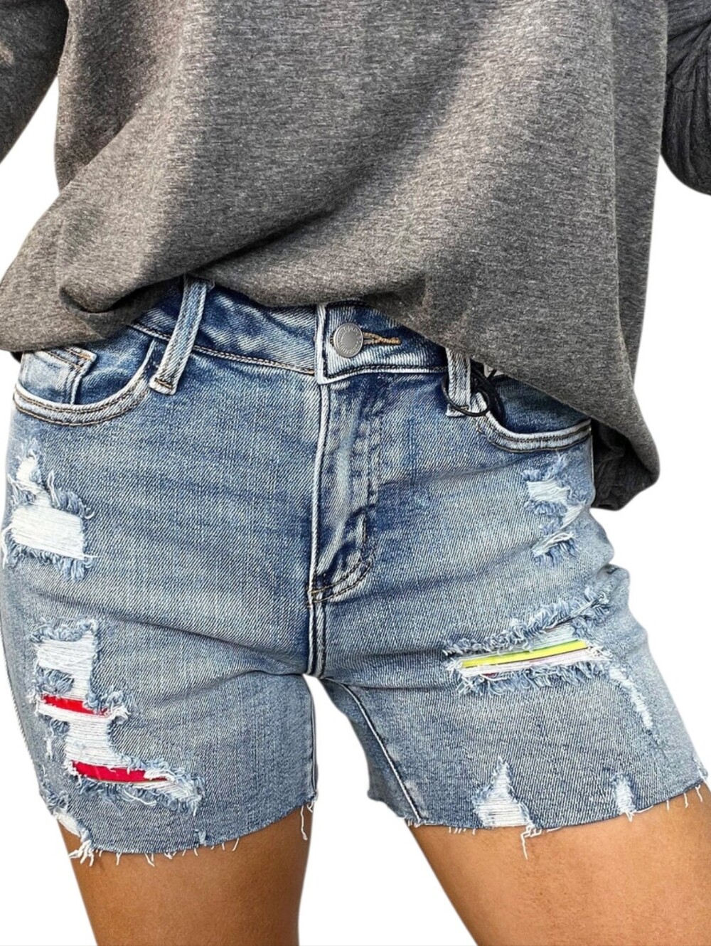 Judy Blue Distressed Patriotic Denim Shorts High Rise Raw Hem Flag Patch Cutoffs
